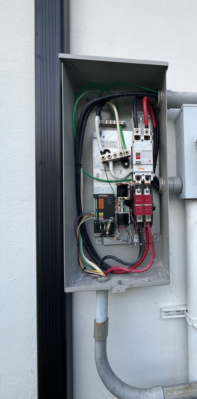 Open transfer switch with electrical panel wiring for generator connection